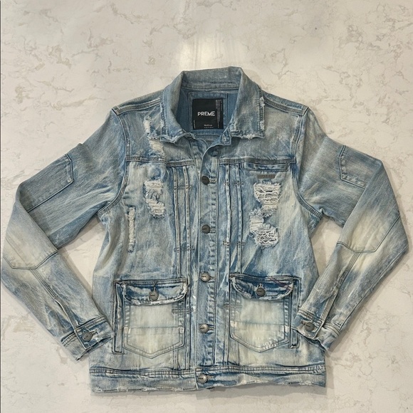 Preme Light Blue Distressed Whitewash Denim Jean Button Down Men’s Jacket Medium - Picture 14 of 16